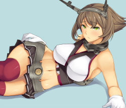 Rule 34 | 10s, 1girl, :/, arm support, bare shoulders, blush, breasts, brown hair, cleavage, collar, gloves, green eyes, hai ookami, kantai collection, large breasts, looking at viewer, lying, md5 mismatch, midriff, miniskirt, mutsu (kancolle), navel, on side, personification, red thighhighs, short hair, sideboob, skirt, solo, thighhighs, yellow eyes
