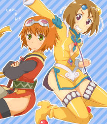 Rule 34 | 00s, 2girls, blue background, blush, boots, breasts, brown hair, cleavage cutout, clothing cutout, dress, fingerless gloves, gloves, goggles, green eyes, grin, hair ornament, jacket, josephine-843, multiple girls, norma beatty, open mouth, orange hair, purple eyes, rita mordio, short hair, smile, tales of (series), tales of legendia, tales of vesperia, thigh boots, thighhighs