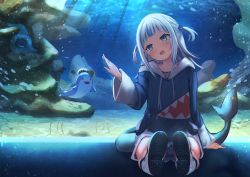 Rule 34 | 1girl, amane sora, aquarium, arm up, backlighting, bloop (gawr gura), blue eyes, blue hair, blue hoodie, blush, commentary, coral, dot nose, eel, fins, fish, fish tail, full body, gawr gura, gawr gura (1st costume), hair ornament, head tilt, hololive, hololive english, hood, hoodie, indoors, legs up, light rays, looking at another, multicolored hair, open mouth, panties, pantyshot, sand, shark, shark hair ornament, shark tail, sharp teeth, silver hair, sitting, smile, solo, streaked hair, sunbeam, sunlight, tail, teeth, two side up, underwear, upper teeth only, virtual youtuber, waving