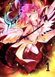 Rule 34 | 10s, 1girl, angel wings, asymmetrical legwear, breasts, bridal gauntlets, spiked halo, crop top, evil smile, feathered wings, gloves, gradient hair, halo, highres, ikasoke (likerm6au), jibril (no game no life), large breasts, long hair, low wings, magic circle, midriff, mismatched legwear, multicolored hair, navel, no game no life, open mouth, pink hair, sideboob, smile, solo, tattoo, thighhighs, white wings, wing ears, wings, yellow eyes