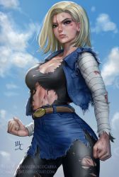 Rule 34 | 1girl, android 18, black pantyhose, black shirt, blonde hair, blood, blood on face, blouse, blue eyes, breasts, cleavage, clenched hands, closed mouth, cloud, commentary, cowboy shot, cuts, day, denim, dragon ball, dragonball z, earrings, highres, injury, jewelry, long sleeves, medium breasts, outdoors, pantyhose, realistic, revision, sciamano240, shirt, short hair, skirt, sky, solo, torn clothes, torn pantyhose, torn shirt, watermark, web address