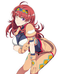 Rule 34 | 1girl, ahoge, arm support, belt, bent over, breasts, charlotte hasting, gloves, hairband, index finger raised, jewelry, legs together, long hair, looking at viewer, medium breasts, nanashino, necklace, one eye closed, orange gloves, purple eyes, red hair, simple background, solo, standing, super robot wars, super robot wars v, wavy hair, white background