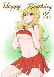 Rule 34 | 1girl, barefoot, blonde hair, breasts, cheerleader, closed mouth, clothes lift, gradient background, green background, green eyes, hair between eyes, happy birthday, highres, hoshii miki, idolmaster, idolmaster (classic), kneeling, lifted by self, long hair, medium breasts, midriff, miniskirt, navel, pleated skirt, red shirt, red skirt, shirt, shirt lift, shuucream (syuichi), skirt, sleeveless, sleeveless shirt, smile, solo, stomach, tongue, tongue out, underboob, very long hair, white background