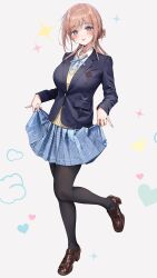 Rule 34 | 1girl, ame (uten cancel), black coat, black footwear, black pantyhose, blue eyes, blue ribbon, blue skirt, blush, breasts, brown hair, cardigan, closed jacket, coat, collared shirt, commentary, fingernails, full body, gakuen idolmaster, hair bun, heart, highres, himesaki rinami, idolmaster, lapels, large breasts, loafers, long sleeves, looking at viewer, neck ribbon, pantyhose, pinky out, pleated skirt, ribbon, shirt, shoes, simple background, single hair bun, skirt, skirt hold, smile, solo, sparkling aura, standing, standing on one leg, tongue, tongue out, white background, white shirt, yellow cardigan