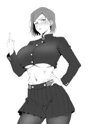 1girl absurdres breasts commentary cowboy_shot cropped_shirt fingernails greyscale hand_on_own_hip high_collar highres huge_breasts jujutsu_kaisen kugisaki_nobara middle_finger midriff monochrome navel pantyhose pleated_skirt ranhatu short_hair simple_background skirt solo underboob white_background