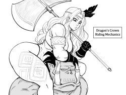 Rule 34 | 1boy, 1girl, 1koma, abs, absurdres, amazon (dragon&#039;s crown), arm rest, armlet, axe, battle axe, bb (baalbuddy), bikini, breasts, carrying, circlet, cleavage, comic, commentary, curvy, dragon&#039;s crown, english commentary, english text, feather hair ornament, feathers, gameplay mechanics, gloves, greyscale, hair ornament, head between thighs, highres, holding, holding axe, large breasts, leaning forward, long hair, looking at another, monochrome, orc, shoulder carry, stomach, swimsuit, very long hair, weapon