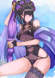 Rule 34 | 1girl, black gloves, black one-piece swimsuit, black thighhighs, breasts, fate/grand order, fate (series), flower, gloves, hair flower, hair ornament, hair up, half gloves, halterneck, highleg, highleg swimsuit, janoukyo19, large breasts, long hair, murasaki shikibu (fate), murasaki shikibu (swimsuit rider) (fate), murasaki shikibu (swimsuit rider) (first ascension) (fate), one-piece swimsuit, oversized object, painting (action), pen, purple eyes, sidelocks, smile, swimsuit, thighhighs, traditional media