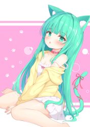 Rule 34 | 1girl, :o, animal ear fluff, animal ears, bad id, bad pixiv id, blush, cardigan, cat ears, cat girl, cat tail, collar, dress, female focus, green eyes, long hair, mikaze oto, off-shoulder dress, off shoulder, open mouth, original, simple background, sitting, skirt, solo, tagme, tail, tail ornament, wariza, white skirt, yellow cardigan