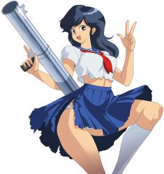 Rule 34 | 1girl, attack animal gakuen, blue hair, blue skirt, brown eyes, highres, holding, holding weapon, long hair, midriff, nokko (attack animal gakuen), oggy (oggyoggy), open mouth, panties, pleated skirt, rocket launcher, school uniform, serafuku, skirt, solo, torn clothes, transparent background, underwear, weapon, white panties