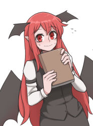 Rule 34 | 1girl, armband, bat wings, blush, book, cowboy shot, dress shirt, dutch angle, flying sweatdrops, head wings, highres, holding, holding book, koakuma, long hair, long sleeves, looking at viewer, low wings, mata (matasoup), pointy ears, red eyes, red hair, shirt, simple background, skirt, skirt set, solo, sweat, sweatdrop, touhou, very long hair, vest, wavy mouth, white background, wide-eyed, wings