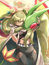 Rule 34 | 1girl, 1other, bandaged arm, bandages, cape, creatures (company), crop top, double bun, dragon, dragon wings, flygon, game freak, gen 3 pokemon, gloves, green hair, ground miku (project voltage), hair between eyes, hair bun, hatsune miku, highres, hug, itsudzumi, long hair, looking at another, midriff, nintendo, orange eyes, pants, pokemon, pokemon (creature), project voltage, single glove, smile, trapinch, twintails, very long hair, vocaloid, wings