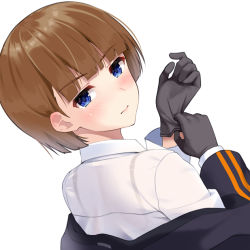 Rule 34 | 1girl, adjusting clothes, adjusting gloves, black bra, black gloves, black jacket, blue eyes, blunt bangs, blush, bra, bra strap, breasts, brown hair, closed mouth, collared shirt, commentary request, embarrassed, from behind, frown, gloves, huyumitsu, jacket, lips, looking at viewer, looking back, medium breasts, removing jacket, see-through, shirt, short hair, simple background, solo, somei hana, underwear, upper body, white background, white shirt, world trigger