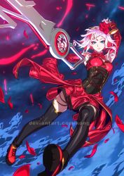 Rule 34 | 1girl, arm up, black thighhighs, blue eyes, closed mouth, destiny (takt op.), dress, eyeshadow, flower, hair flower, hair ornament, highres, holding, holding weapon, makeup, multicolored hair, nail polish, pink hair, red dress, red footwear, red nails, red skirt, skirt, streaked hair, takt op., thighhighs, weapon, xong