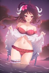 Rule 34 | 1girl, :d, absurdres, animal ears, arknights, bare shoulders, bikini, breasts, bridal garter, brown hair, cleavage, cloud, collarbone, commentary, cowboy shot, eyjafjalla (arknights), eyjafjalla (summer flower) (arknights), flower, hair bun, hair flower, hair ornament, highres, horns, long hair, looking at viewer, medium breasts, navel, off-shoulder bikini, off shoulder, official alternate costume, open mouth, outdoors, pink bikini, pink eyes, pink flower, plaid, plaid bikini, purple sky, sheep ears, sheep horns, short sleeves, single hair bun, sky, smile, solo, standing, stomach, swimsuit, thighs, wading, water, z.taiga