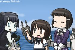 Rule 34 | 3girls, :&gt;, :d, abyssal ship, bag, black hair, blue eyes, blue sky, brown hair, cannon, cloud, commentary request, dated, day, double bun, closed eyes, gauntlets, gloves, glowing, glowing eyes, groceries, grocery bag, hair ornament, hamu koutarou, kantai collection, light cruiser oni, machinery, miyuki (kancolle), multiple girls, myoukou (kancolle), ocean, open mouth, pale skin, school uniform, serafuku, shopping bag, short hair, sky, smile, v arms, white gloves