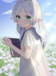 Rule 34 | 1girl, 8 nana usagi, ao-chan (ninomae ina&#039;nis), blue sky, blurry, blurry background, book, cloud, commentary request, day, depth of field, earrings, elf, field, flower, flower field, frieren, green eyes, highres, holding, holding book, hololive, hololive english, jewelry, long hair, looking at viewer, outdoors, parted bangs, parted lips, pointy ears, shirt, short sleeves, sky, solo, sousou no frieren, virtual youtuber, white hair, white shirt