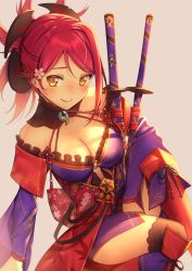 Rule 34 | 1girl, asymmetrical bangs, bare shoulders, blush, breasts, cleavage, cosplay, detached sleeves, fate/grand order, fate (series), flower, grey background, hair flower, hair ornament, japanese clothes, katana, looking at viewer, love live!, love live! sunshine!!, magatama, medium breasts, miyamoto musashi (fate), miyamoto musashi (fate) (cosplay), miyamoto musashi (third ascension) (fate), nagareboshi, red hair, sakurauchi riko, simple background, smile, solo, sword, weapon, yellow eyes