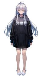 Rule 34 | 1girl, absurdres, ahoge, black sweater, closed mouth, facial mark, floating hair, full body, grey hair, hair between eyes, highres, hood, hooded sweater, long hair, long sleeves, looking at viewer, original, simple background, slippers, smile, solo, standing, straight hair, sweater, tachi-e, takagi (takag1 k2), very long hair, virtual youtuber, white background, white footwear, yellow eyes