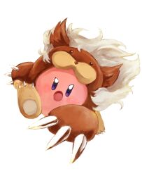 Rule 34 | animal costume, animal feet, animal hands, animal kirby, bright pupils, brown fur, claws, facial mark, highres, kirby, kirby (series), kirby squeak squad, nintendo, no humans, open mouth, purple eyes, simple background, tannborain, whisker markings, white background, white hair, white pupils, wolf costume