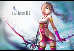 Rule 34 | 10s, 1girl, armband, bad id, bad pixiv id, blonde hair, blue eyes, bow (weapon), choker, copyright name, final fantasy, final fantasy xiii, final fantasy xiii-2, gloves, letterboxed, long hair, pink thighhighs, serah farron, side ponytail, solo, thighhighs, wangchuan de quanyan, weapon