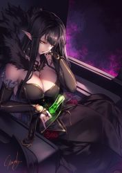 Rule 34 | 1girl, bare shoulders, black dress, black hair, breasts, bridal gauntlets, champagne flute, cleavage, cup, detached sleeves, dress, drinking glass, fate/apocrypha, fate/grand order, fate (series), frills, fur trim, genyaky, hand on own cheek, hand on own face, head tilt, jewelry, large breasts, long dress, necklace, pointy ears, poison, queen, semiramis (fate), sitting, solo, throne, throne room, yellow eyes