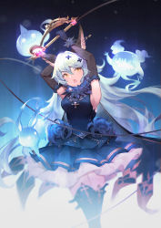 Rule 34 | 1girl, animal ears, armpits, arms up, black gloves, black thighhighs, blue hair, blush, breasts, brown eyes, elbow gloves, erune, ferry (granblue fantasy), fur trim, ghost, gloves, granblue fantasy, hair between eyes, hair ornament, jewelry, long hair, looking at viewer, medium breasts, open mouth, rabbit ears, sideboob, solo, standing, thighhighs, very long hair, vienri, wavy hair, whip, x hair ornament, yellow eyes