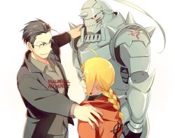 Rule 34 | 3boys, alphonse elric, armor, blonde hair, braid, brothers, coat, copyright name, echo (circa), edward elric, fullmetal alchemist, glasses, maes hughes, male focus, multiple boys, ponytail, siblings, simple background, smile, white background