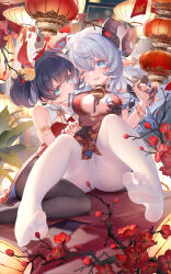 Rule 34 | 2girls, animal ears, armlet, bare shoulders, black gloves, black hair, black pantyhose, blue eyes, blush, bracelet, breasts, cameltoe, china dress, chinese clothes, chinese knot, chinese new year, chinese zodiac, commentary request, curled horns, dress, fake animal ears, feet, flower, gloves, grabbing, grabbing another&#039;s breast, hair between eyes, hair ornament, half gloves, highres, holding, holding brush, horns, jewelry, lantern, large breasts, long hair, looking at viewer, mouth hold, multiple girls, no shoes, on floor, open mouth, original, panties, pantyhose, pantyshot, paper lantern, pointy ears, sitting, soles, suaynnai wanzi, tassel, thighband pantyhose, underwear, white hair, white pantyhose, year of the dragon