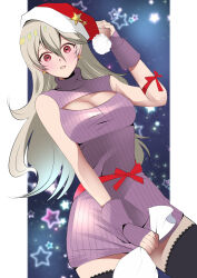 Rule 34 | 1girl, alternate costume, bag, bare shoulders, black thighhighs, breasts, christmas, cleavage, cleavage cutout, clothing cutout, corrin (female) (fire emblem), corrin (fire emblem), cowboy shot, dress, earrings, fe135700, fingerless gloves, fire emblem, fire emblem fates, gift bag, gloves, hair between eyes, hat, highres, holding, holding bag, jewelry, large breasts, long hair, looking at viewer, medium breasts, nintendo, pointy ears, red eyes, red hat, ribbed dress, ribbed gloves, santa hat, sleeveless, sleeveless dress, solo, star (symbol), star earrings, thighhighs, turtleneck, turtleneck dress, white hair