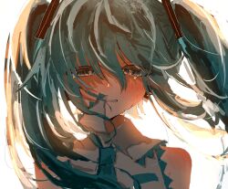 Rule 34 | 1girl, blue eyes, blue hair, blue necktie, blush, collared shirt, crying, crying with eyes open, floating hair, hair between eyes, hair ornament, hatsune miku, headphones, highres, long hair, looking at viewer, necktie, shirt, simple background, sleeveless, sleeveless shirt, solo, tears, teeth, unagizaka gohan, upper body, vocaloid, white background, white shirt, wind