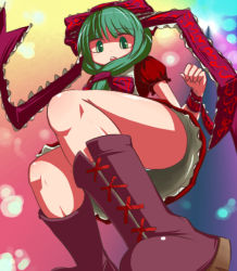 Rule 34 | 1girl, bad id, bad pixiv id, boots, cross-laced footwear, female focus, from below, gradient background, green eyes, green hair, hakika, kagiyama hina, lace-up boots, matching hair/eyes, panties, perspective, solo, teeth, touhou, underwear, upper teeth only, upskirt