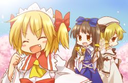 Rule 34 | 3girls, absurdres, black hair, blonde hair, blue dress, blue sky, blush stickers, bow, brown eyes, cherry blossoms, day, dress, closed eyes, fang, female focus, flower, hair bow, hat, highres, luna child, multiple girls, open mouth, sky, star sapphire, sunny milk, touhou, tree, twintails, white dress, yamabuki (yusuraume)