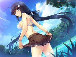 Rule 34 | 1girl, :o, ahoge, back, bikini, bikini under clothes, black hair, blue eyes, blush, bracelet, breasts, clothes lift, cloud, covered erect nipples, day, diffraction spikes, embarrassed, face, flower, from behind, hair flower, hair ornament, hair ribbon, hairclip, jewelry, long hair, looking back, medium breasts, nature, open mouth, original, outdoors, pleated skirt, ribbon, school uniform, sideboob, skirt, skirt lift, sky, solo, surprised, swimsuit, swimsuit under clothes, twintails, very long hair, wading, water, wet, yanagi (tsukiakari)