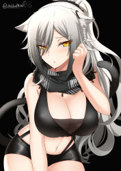 Rule 34 | 1girl, absurdres, animal ear fluff, animal ears, arknights, artist name, bare shoulders, black background, black scarf, black shorts, blush, breasts, cat ears, cat tail, cleavage, commentary request, cowboy shot, crop top, hand up, highres, large breasts, long hair, looking at viewer, midriff, mikhail n, navel, scarf, schwarz (arknights), short shorts, shorts, silver hair, simple background, solo, stomach, tail, twitter username, yellow eyes