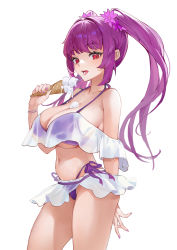 Rule 34 | 1girl, absurdres, bikini, breasts, cleavage, cowboy shot, eating, fate/grand order, fate (series), food, food on body, food on breasts, highres, holding, holding food, holding ice cream, ice cream, ice cream cone, large breasts, long hair, navel, open mouth, purple bikini, purple hair, red eyes, scathach (fate), scathach skadi (fate), scathach skadi (swimsuit ruler) (fate), scathach skadi (swimsuit ruler) (first ascension) (fate), side-tie bikini bottom, simple background, solo, standing, swimsuit, tongue, tongue out, twintails, very long hair, white background, zhudouzi