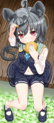 Rule 34 | 1girl, animal ears, bad id, bad pixiv id, burger, dress, eating, fang, female focus, food, grey hair, jewelry, jixing renou, mary janes, mouse (animal), mouse ears, mouse tail, navel, nazrin, pendant, red eyes, shoes, short hair, sitting, skirt, socks, solo, tail, touhou, white socks