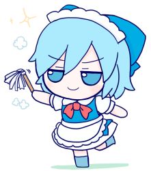 Rule 34 | 1girl, blue bow, blue dress, blue eyes, blue footwear, blue hair, bow, character doll, chibi, cirno, collared shirt, doll, dress, dust, duster, fumo (doll), hair bow, long dress, maid, maid headdress, neck ribbon, no wings, pinafore dress, puffy short sleeves, puffy sleeves, red ribbon, rei (tonbo0430), ribbon, shirt, short hair, short sleeves, simple background, sleeveless dress, smile, solo, sparkle, standing, standing on one leg, touhou, white background, white shirt