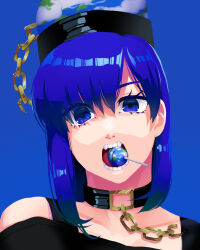 Rule 34 | 1girl, bare shoulders, black shirt, blue background, blue eyes, blue hair, broken, broken chain, candy, chain, collar, commentary request, eyelashes, eyes visible through hair, food, gold chain, hair behind ear, hair between eyes, head tilt, hecatia lapislazuli, hecatia lapislazuli (earth), highres, lollipop, long hair, looking at viewer, medium bangs, mixed-language commentary, mouth hold, nostrils, off-shoulder shirt, off shoulder, open mouth, portrait, shirt, simple background, solo, straight-on, takayo (user yeah3737), teeth, tongue, touhou, uneven eyes