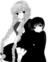Rule 34 | 00s, 1boy, 1girl, age difference, ascot, black eyes, black hair, braid, child, chobits, clamp, closed mouth, collared shirt, dress, height difference, hug, kokubunji minoru, long hair, looking at viewer, monochrome, official art, parted lips, shirt, simple background, size difference, smile, twin braids, upper body, very long hair, white background, yuzuki (chobits)