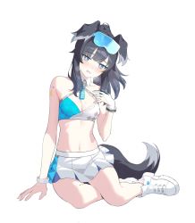 Rule 34 | 1girl, airikkkka, animal ears, black hair, blue archive, blue eyes, blush, breasts, cleavage, crop top, dog ears, dog girl, gloves, goggles, goggles on head, hibiki (blue archive), hibiki (cheer squad) (blue archive), highres, long hair, looking at viewer, medium breasts, millennium cheerleader outfit (blue archive), miniskirt, nose blush, partially fingerless gloves, pleated skirt, shoes, simple background, single glove, sitting, skirt, sneakers, solo, sweat, tail, white background, white footwear, white gloves