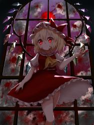 Rule 34 | 1girl, arm at side, arm up, ascot, blonde hair, blood, blood on face, blood on hands, blood splatter, cloud, cropped legs, fingernails, flandre scarlet, from below, full moon, glowing, glowing eyes, hat, hat ribbon, head tilt, highres, indoors, kayon (touzoku), looking at viewer, mob cap, moon, nail polish, night, one side up, open hand, petticoat, puffy short sleeves, puffy sleeves, red eyes, red moon, red nails, red skirt, red vest, ribbon, shirt, short hair, short sleeves, skirt, slit pupils, smile, solo, standing, touhou, vest, white hat, white shirt, window, wings, yellow ascot