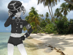 Rule 34 | 1girl, armband, beach, black buruma, buruma, buttons, cloud, coconut tree, cowboy shot, crop top, cross, curly hair, day, drill hair, facing viewer, flat chest, gloves, hair ribbon, hand on own hip, hat, hat tip, iron cross, leather, lipstick, makeup, midriff, military, military uniform, mole, mole above mouth, monochrome, name tag, nature, navel, nazi, neo black, ocean, original, outdoors, palm tree, peaked cap, photo background, ribbon, safety pin, schutzstaffel, shena apfel, short hair, skull and crossbones, sky, solo, standing, swastika, third-party edit, tree, twin drills, twintails, uniform, water, world war ii