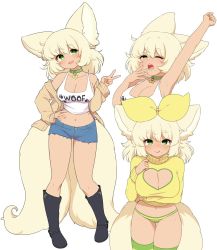 Rule 34 | 1girl, animal ears, black footwear, blonde hair, blue shorts, boots, breasts, cleavage, cleavage cutout, closed mouth, clothing cutout, collar, collarbone, commission, crop top, denim, denim shorts, fox ears, fox girl, fox tail, freckles, green eyes, highres, knee boots, large breasts, looking at viewer, medium hair, navel, one eye closed, original, short shorts, shorts, susukitten, tail, tongue, tongue out, v