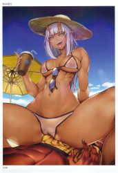 Rule 34 | 1boy, 1girl, absurdres, artist request, assertive female, beach, bikini, blush, breasts, bulge, cowgirl position, dark skin, day, erection, erection under clothes, girl on top, grinding, head out of frame, hetero, highres, horns, imminent penetration, large breasts, light purple hair, looking at viewer, navel, oni, oni horns, pointy ears, red oni, scan, shiny skin, short hair, solo focus, spread legs, straddling, swimsuit, toranoana, white bikini, yellow eyes