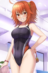 Rule 34 | 1girl, ahoge, bare shoulders, black one-piece swimsuit, breasts, collarbone, competition swimsuit, covered navel, fate/grand order, fate (series), fujimaru ritsuka (female), goggles, grin, highleg, highleg swimsuit, highres, looking at viewer, medium breasts, one-piece swimsuit, one side up, orange eyes, orange hair, shibata rai, short hair, smile, solo, swim goggles, swimsuit, thighs, wet, wet clothes, wet swimsuit