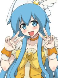 Rule 34 | 1girl, blue eyes, blue hair, blush, bow, choker, cosplay, cure peace, cure peace (cosplay), double v, hat, ikamusume, inu1tou, kanemoto hisako, long hair, magical girl, matching hair/eyes, precure, shinryaku! ikamusume, simple background, smile precure!, solo, v, voice actor connection, white background, yellow bow