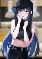 Rule 34 | 1girl, absurdres, awnw, baseball cap, belt, black belt, black hair, black hat, black pants, black shirt, blue archive, blue eyes, blurry, blurry background, blush, breasts, cowboy shot, hat, highres, long hair, looking at viewer, medium breasts, navel, open mouth, pants, saori (blue archive), shirt, sleeveless, sleeveless shirt, solo, twitter username