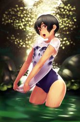 Rule 34 | :d, backlighting, bad id, bad pixiv id, black hair, blue one-piece swimsuit, breasts, collarbone, competition school swimsuit, dripping, hair between eyes, highres, looking at viewer, one-piece swimsuit, one-piece tan, oohara kyuutarou, open mouth, original, red eyes, school swimsuit, see-through, shirt, short hair, short sleeves, sidelocks, small breasts, smile, standing, swimsuit, swimsuit under clothes, tan, tanline, wading, water, wet, wet clothes, wet shirt