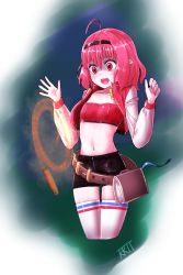 Rule 34 | ahoge, belt, black shorts, book, dungeon and fighter, empty eyes, hairband, jacket, mage (dungeon and fighter), navel, pointy ears, red hair, rrtt, shaded face, short hair, shorts, smile, solo, summoner (dungeon and fighter), whip, white legwear