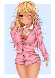 Rule 34 | 1girl, ;o, ahoge, amaryllis gumi, between breasts, blonde hair, blowing kiss, blue background, blush, bow, bowtie, breasts, cardigan, cleavage, collarbone, collared shirt, condom, condom wrapper, cowboy shot, dark-skinned female, dark skin, earrings, gyaru, hair between eyes, hair ornament, hairclip, heart, highres, index finger raised, jewelry, large breasts, long hair, long sleeves, looking back, nail polish, no pants, one eye closed, ouga saki, panties, parted lips, pikacchi, pink cardigan, red bow, red bowtie, red eyes, red nails, shirt, simple background, solo, star (symbol), star earrings, striped bow, striped bowtie, striped clothes, striped neckwear, thighs, underwear, virtual youtuber, white panties, white shirt